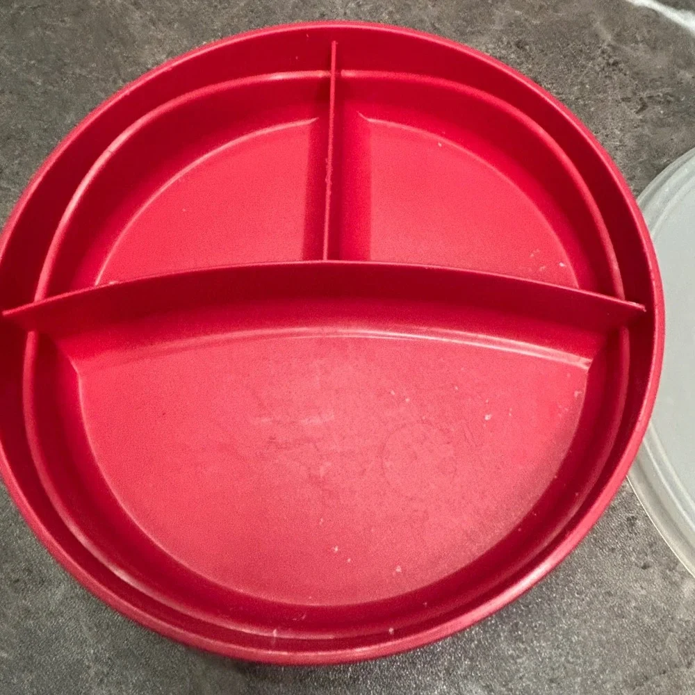Vintage Tupperware Divided Food Storage Set Round Red Rectangular Gold 2pc Lot